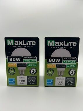Lot of 2 Maxlite 60W Equivalent 4.5W LED Soft White Bulb - Green/White Packaging